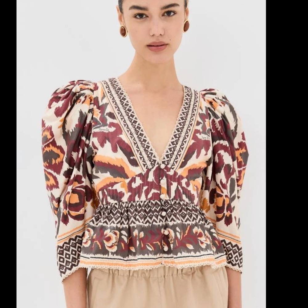NWT FARM RIO Toucans Scarf Puff-Sleeve Blouse